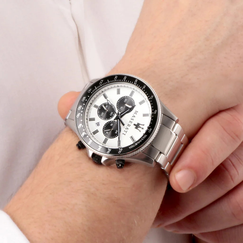 Sfida Chronograph White Dial Silver Steel Strap Watch For Men - R8873640003