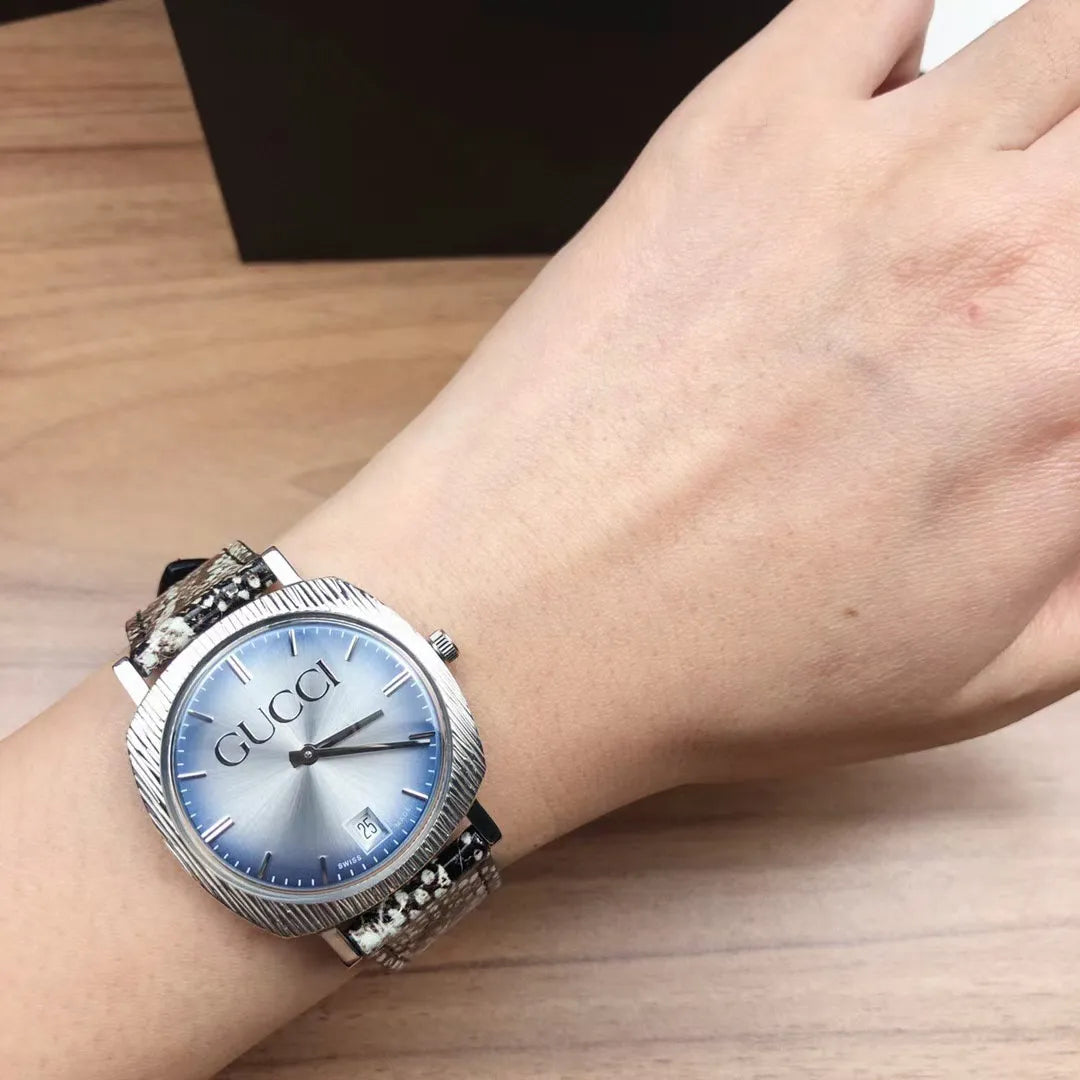 Gucci Light 35MM SS Blue/Silver Dial Leather Unisex Watch YA152401