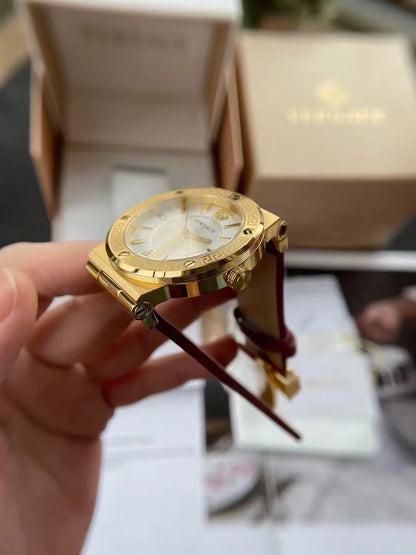 Versace Ladies Watch Greca Logo Gold Red Leather VEVH00420