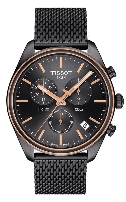Tissot T Classic PR 100 Chronograph Anthracite Black Dial Black Mesh Bracelet Watch For Men - T101.417.23.061.00