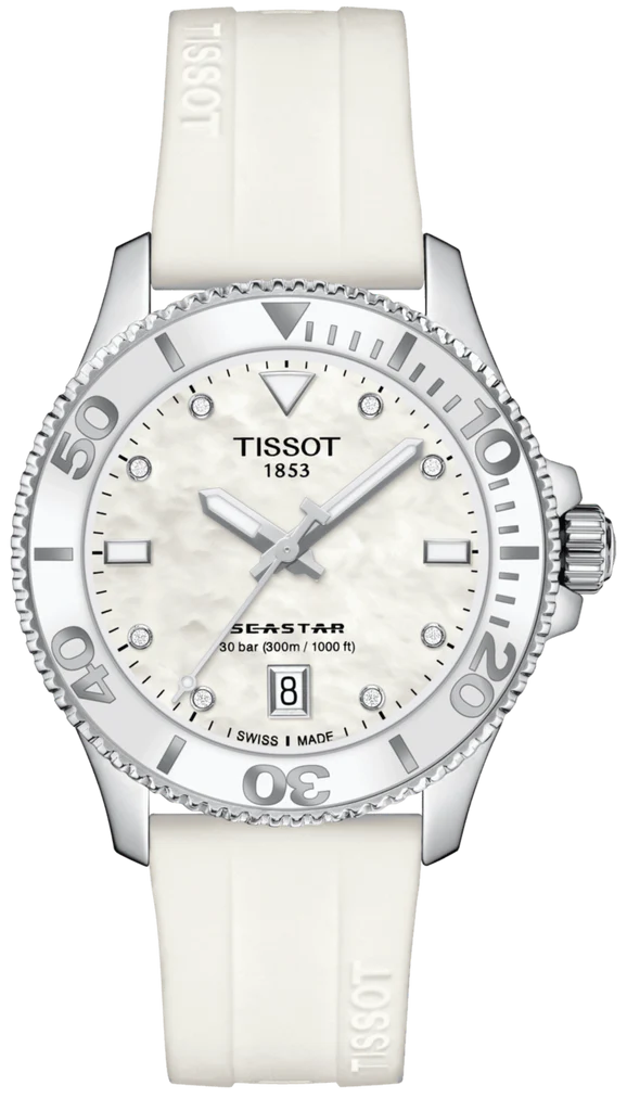 Tissot Seastar 1000 Mother of Pearl White Dial White Rubber Strap Watch for Women - T120.210.17.116.00