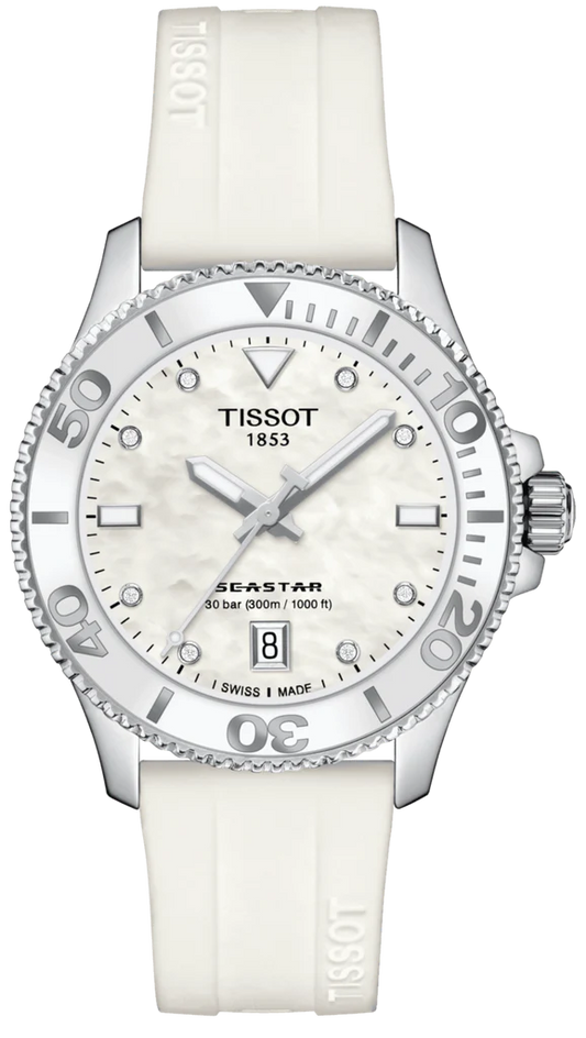 Tissot Seastar 1000 Mother of Pearl White Dial White Rubber Strap Watch for Women - T120.210.17.116.00