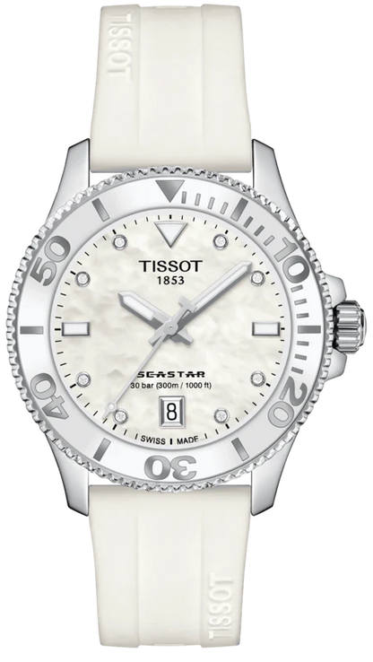 Tissot Seastar 1000 Mother of Pearl White Dial White Rubber Strap Watch for Women - T120.210.17.116.00