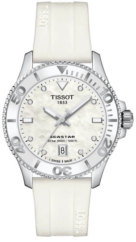 Tissot Seastar 1000 Mother of Pearl White Dial White Rubber Strap Watch for Women - T120.210.17.116.00