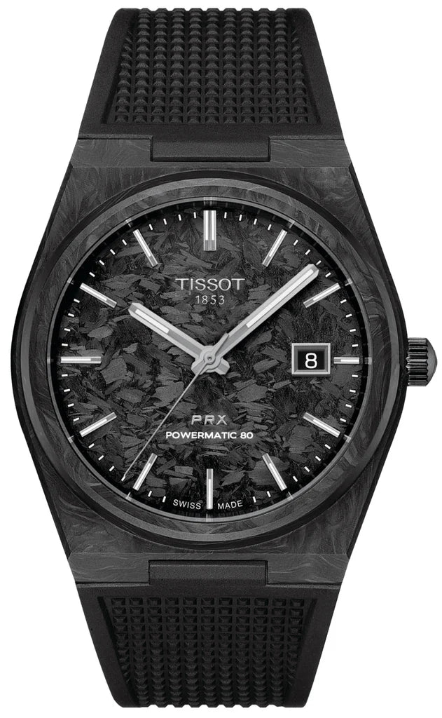 Tissot PRX Powermatic 80 Carbon Black Dial Black Rubber Strap Watch for Men - T137.907.97.201.00