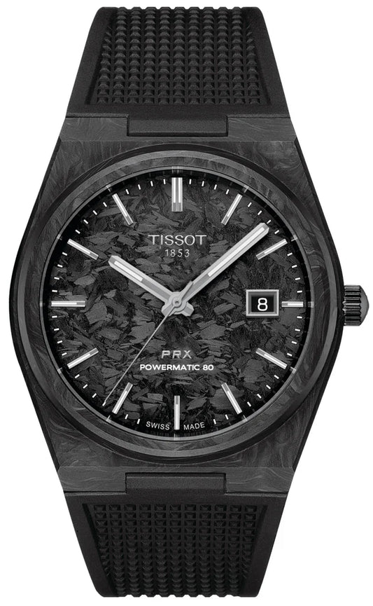 Tissot PRX Powermatic 80 Carbon Black Dial Black Rubber Strap Watch for Men - T137.907.97.201.00