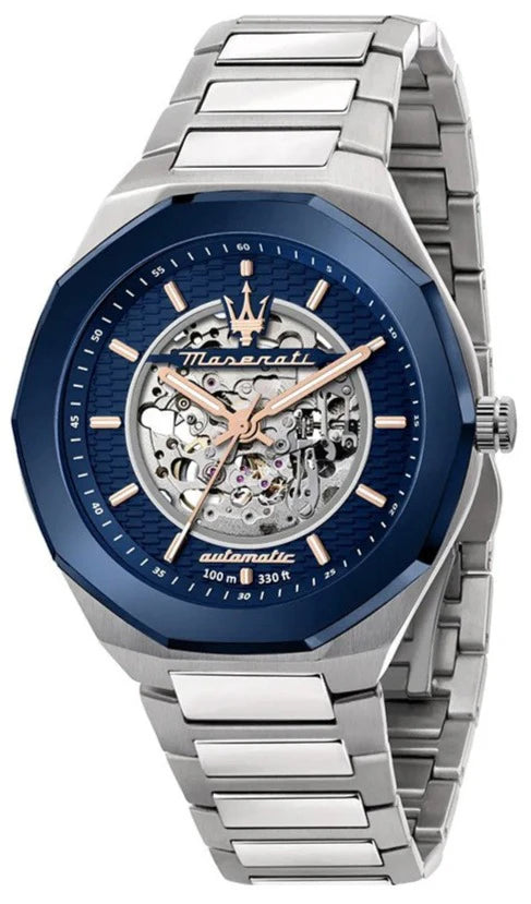 Stile Automatic Skeleton Silver Dial Silver Steel Strap Watch For Men - R8823142004