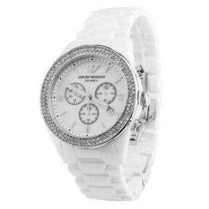 Armani AR1456 Ceramica White / Silver and Crystal Chrono Watch