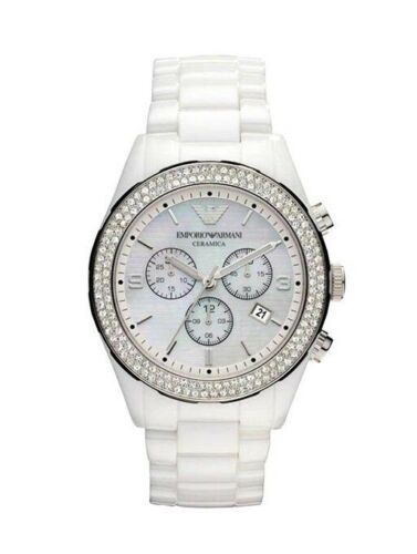 Armani AR1456 Ceramica White / Silver and Crystal Chrono Watch