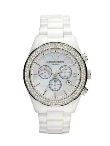 Emporio Armani AR1456 Ceramica White / Silver and Crystal Chrono Watch