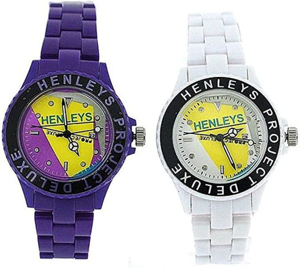Henleys Project Deluxe Women's Set of 2 Funky Plastic Watch Purple-White SUMMERTWIN CLEARANCE NEEDS RE-BATTERY